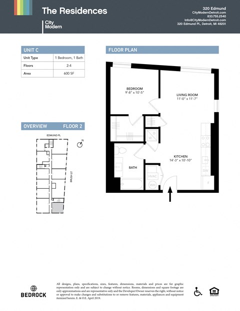 Floor plan for 1 bed, 1 bath, 600 sqft